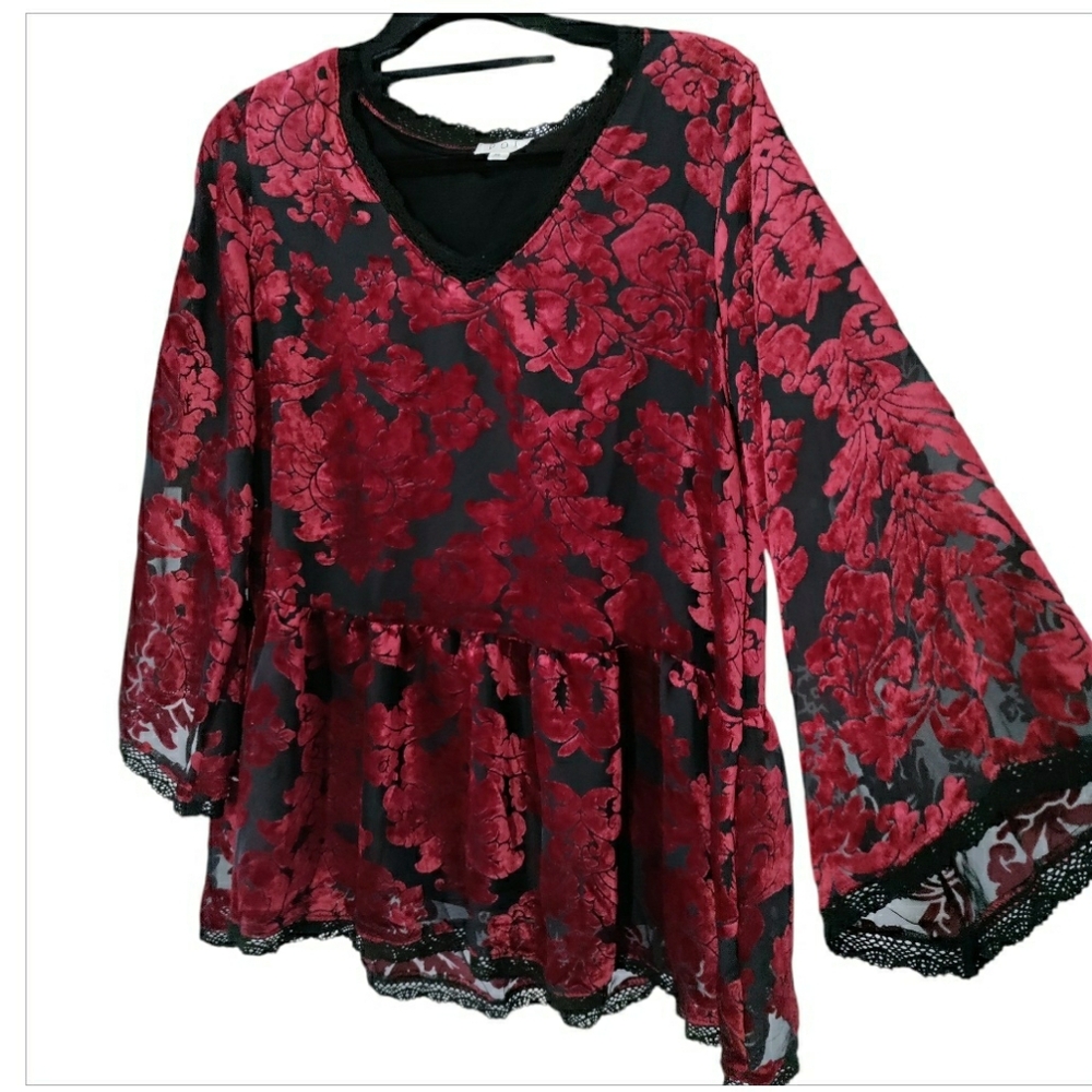 Velvet Burnout Whimsigoth Flutter Tunic Blouse Floral Sheer Relaxed Boho V-neck